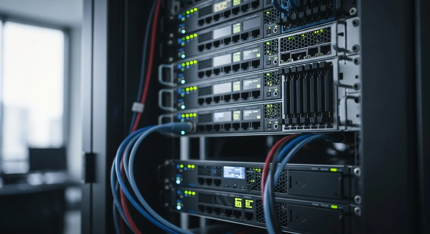 Rack con servidores y equipo de red, mostrando luces indicadoras de actividad, representando la infraestructura de TI y la ciberseguridad de una empresa.