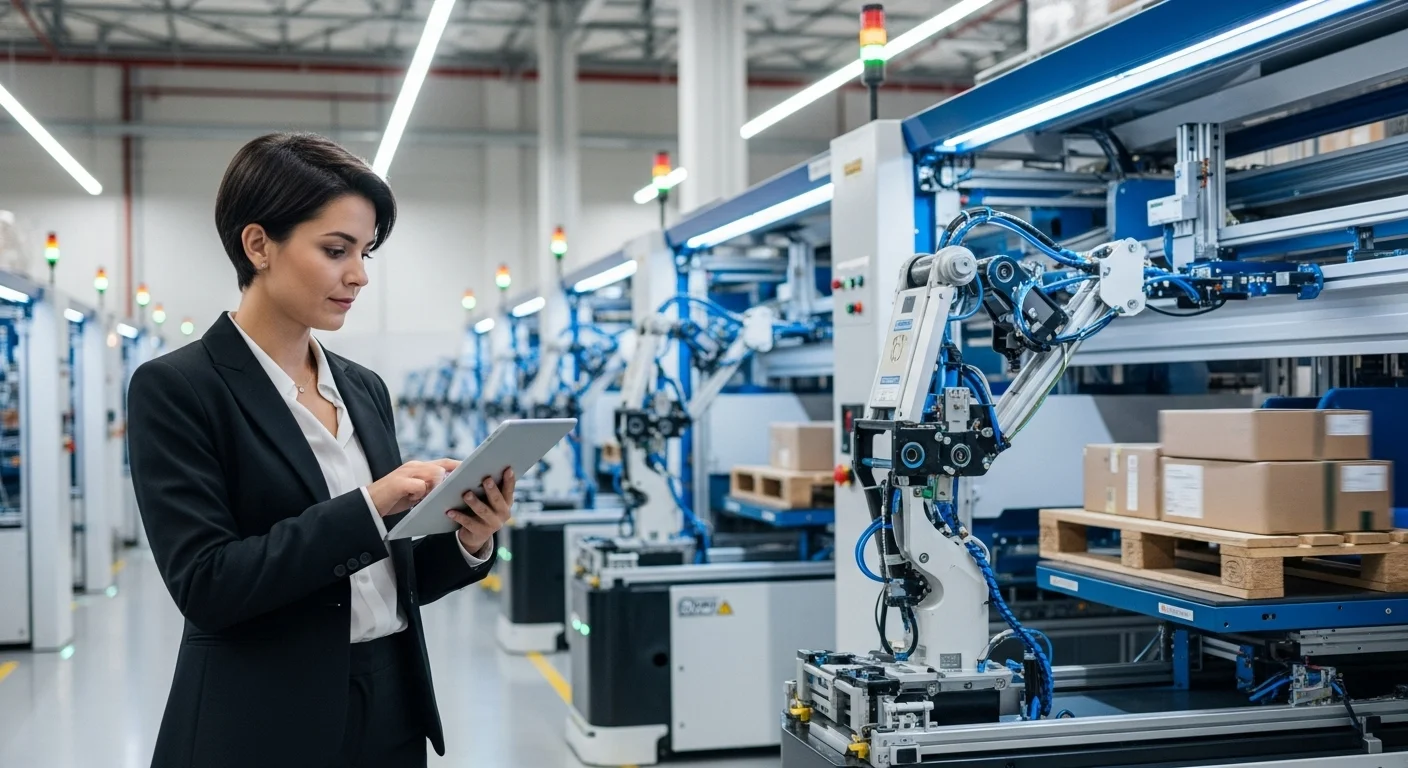 Un ing en logistica utilizando una tableta en un moderno centro de distribución automatizado, supervisando robots que mueven mercancías, representando la aplicación práctica del ing en logistica y transporte.