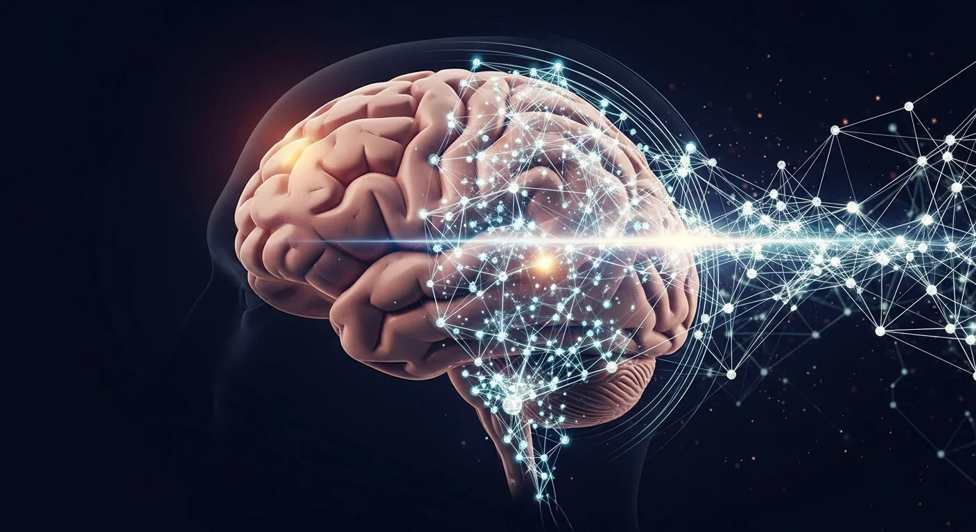 Concepto visual de la ingeniería artificial con redes neuronales y un cerebro humano digital interconectados por flujos de datos luminosos.