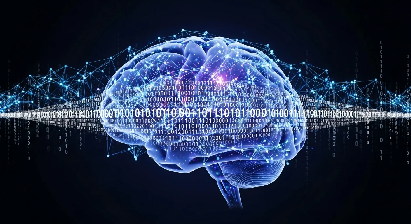Visualización abstracta de una red neuronal y código binario superpuesto sobre el cerebro humano, representando la fusión de la mente y la máquina en la ingeniería computacional.