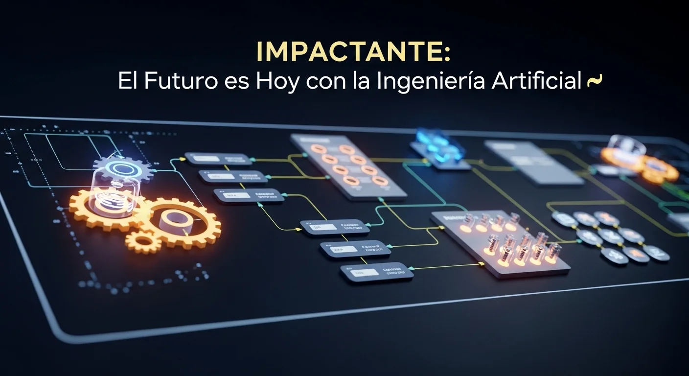 Visualización de un complejo pipeline de datos con engranajes y nodos brillantes, representando la sinergia entre la ingeniería de datos e inteligencia artificial.