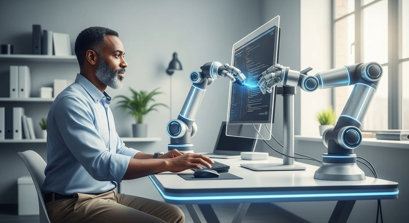 Un desarrollador colaborando con un brazo robótico que escribe código en una pantalla, ilustrando el concepto de ingeniería de software con inteligencia artificial.