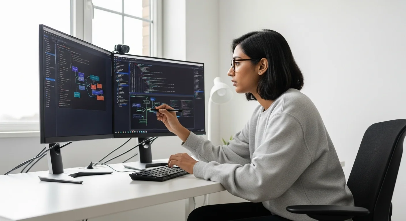 Una ingeniera de software concentrada, escribiendo código en un monitor con múltiples ventanas que muestran líneas de programación y diagramas de flujo complejos.