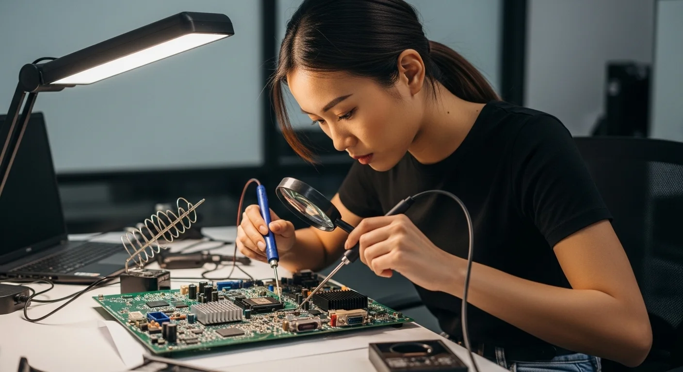 Un ingeniero en computación trabajando en una placa de circuito impreso compleja, simbolizando la unión de hardware y software.