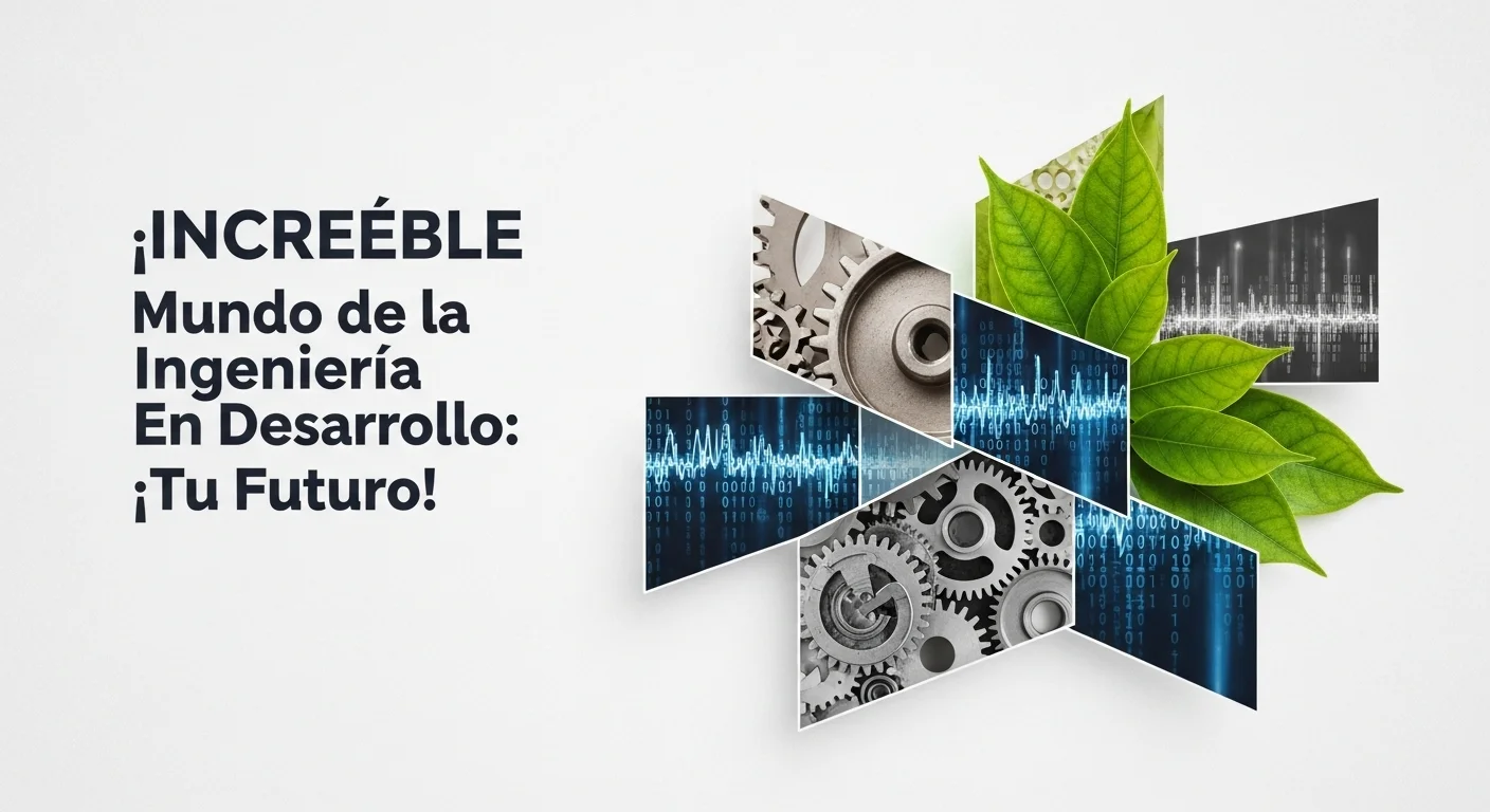 Collage conceptual de Ingeniería en Desarrollo mostrando engranajes, código binario y hojas verdes simbolizando la industria, software y sustentabilidad.