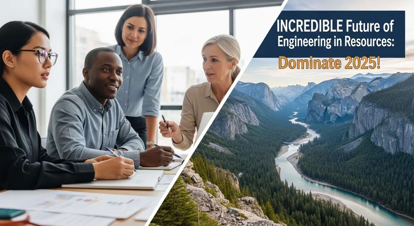 Un montaje que muestra la sinergia de la Ingeniería en Recursos, con una mitad mostrando un equipo de profesionales colaborando (recursos humanos) y la otra mitad un paisaje con recursos naturales como bosques y ríos (recursos naturales e hídricos).