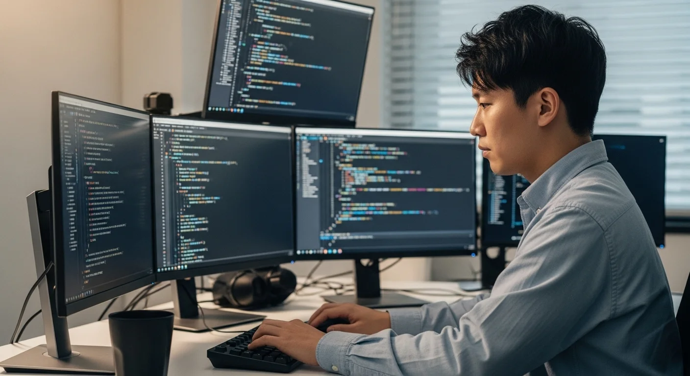 Un ingeniero informático programando en un escritorio con múltiples monitores que muestran código complejo, representando el núcleo de la ingeniería de software.