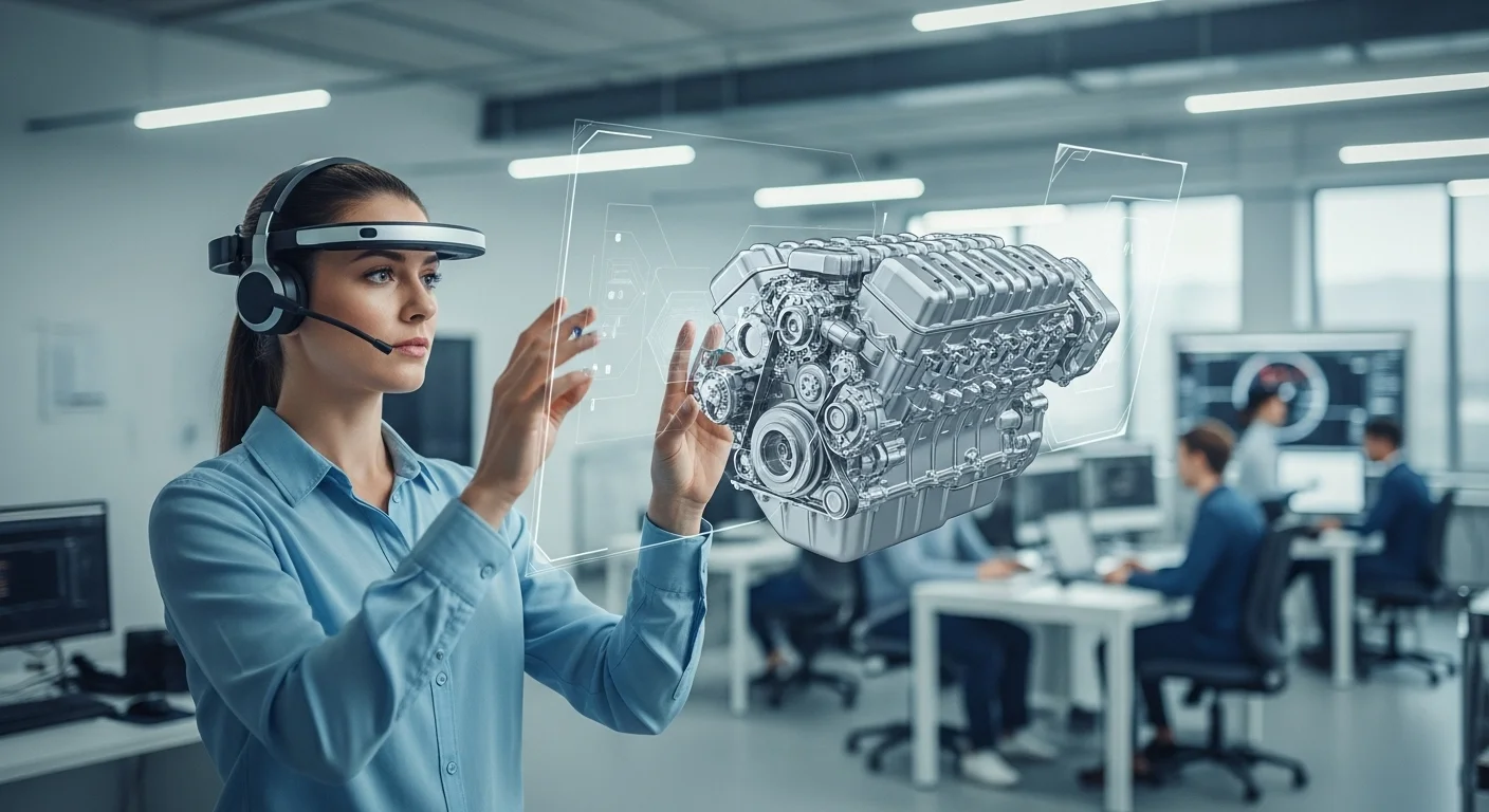 Un ingeniero utilizando una interfaz de realidad aumentada para manipular un modelo 3D de un motor, simbolizando el futuro de la ingeniería virtual.