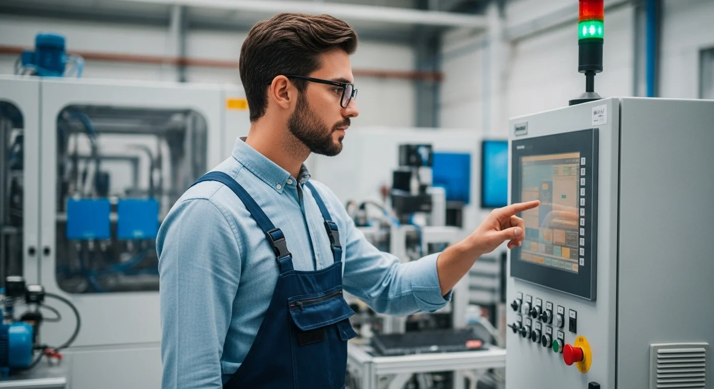 Ingeniero supervisando un panel de control HMI en una planta industrial, ilustrando la ingeniería en automatización y control.