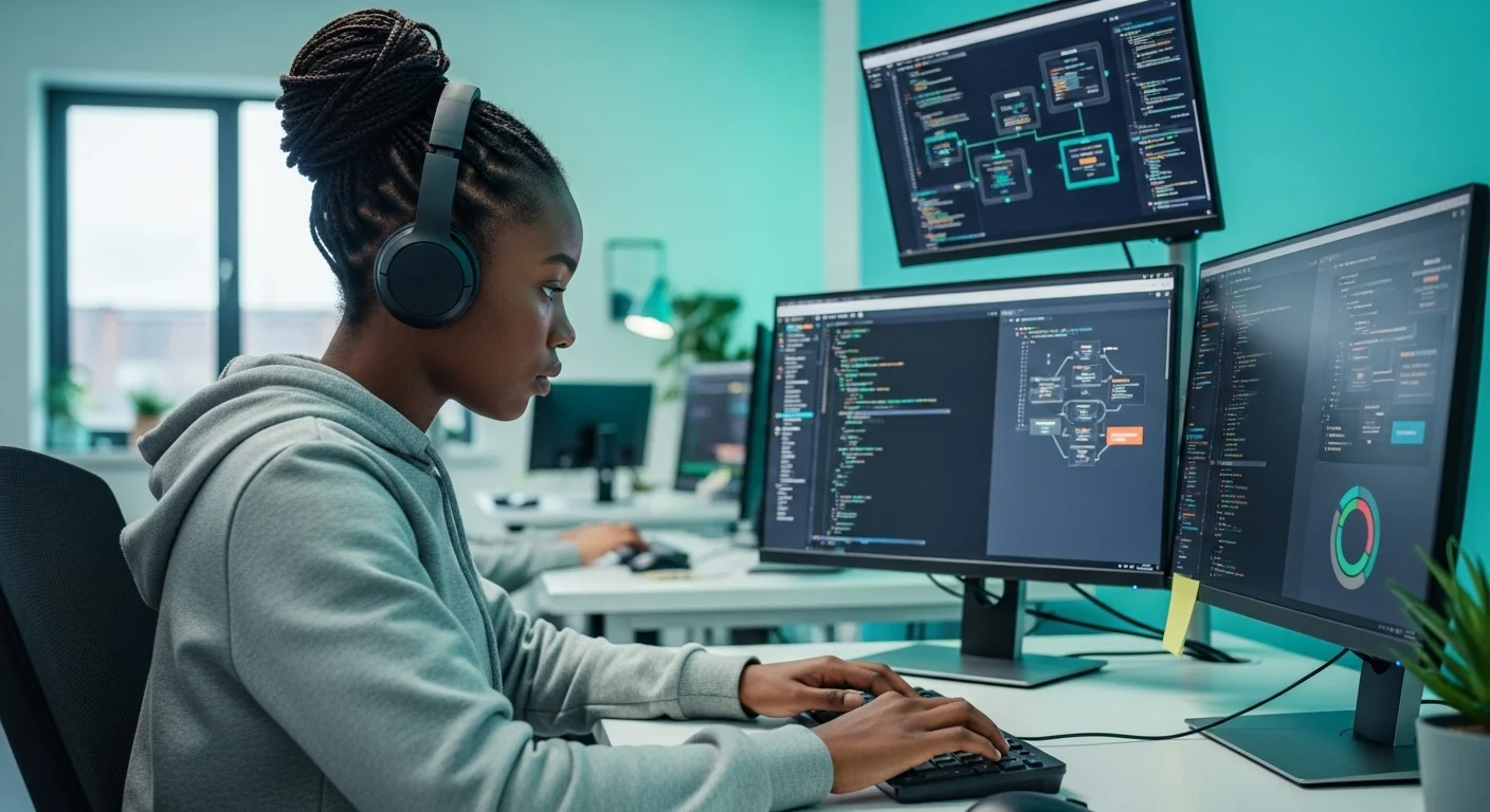 Un ingeniero de software concentrado escribiendo código en un editor con múltiples monitores, representando el núcleo de la ingeniería de software.