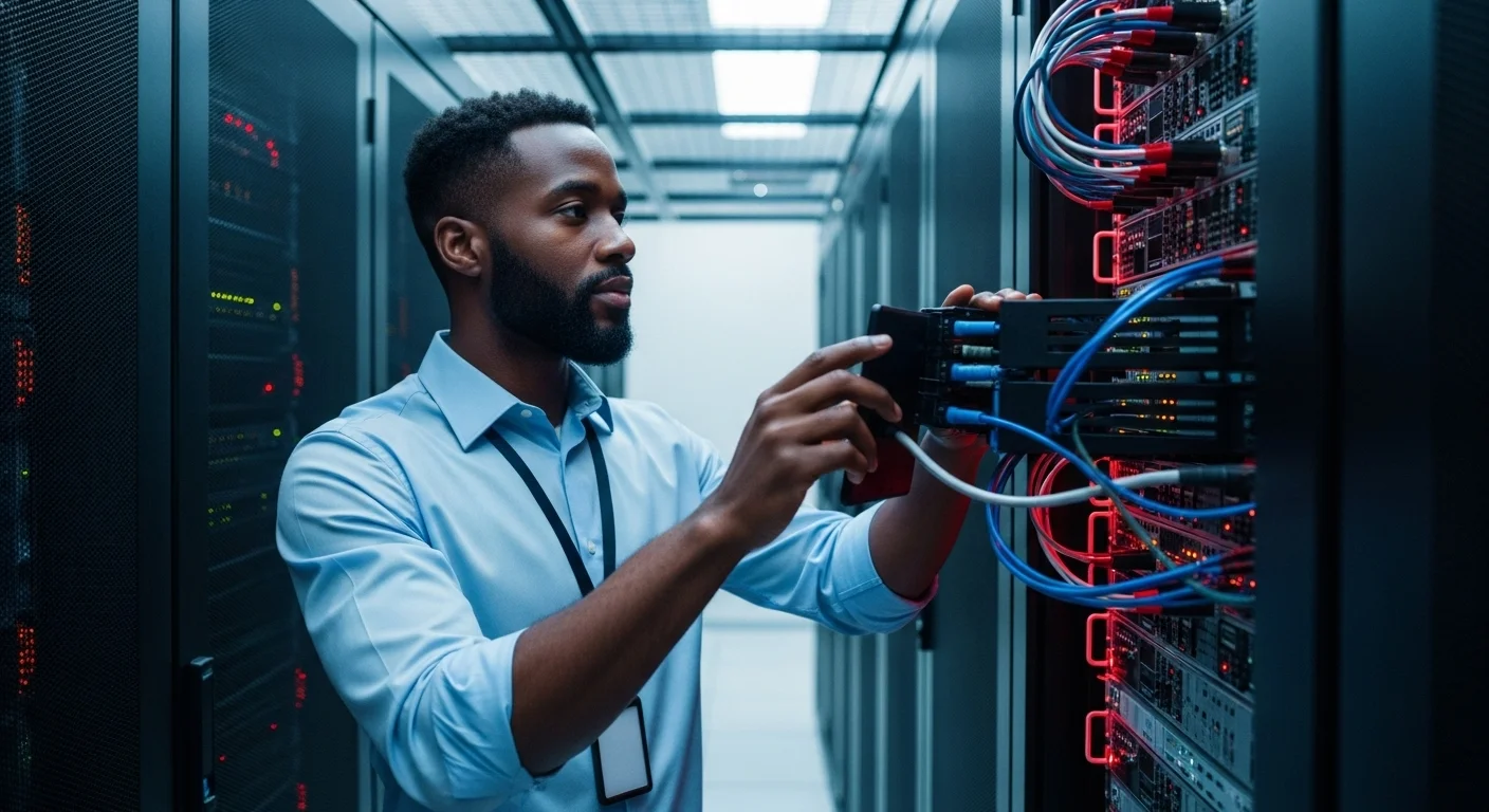 Ingeniero en sistemas senior trabajando con un equipo de servidores en un centro de datos moderno.