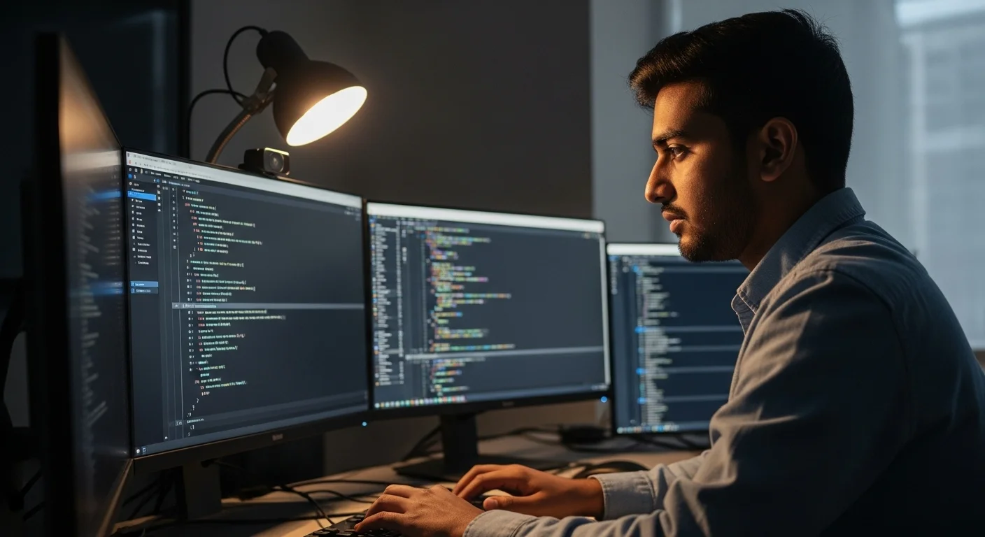 Un ingeniero software concentrado escribiendo código en múltiples monitores que muestran complejas líneas de programación.