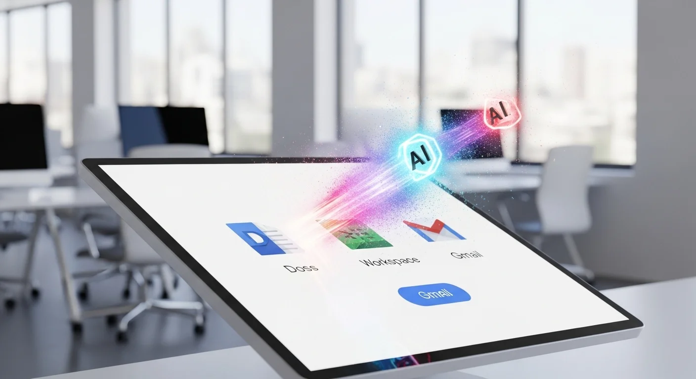 Iconos de Google Workspace (Docs, Sheets, Gmail) con destellos de IA, representando la integraci贸n de la inteligencia artificial de google en la productividad.
