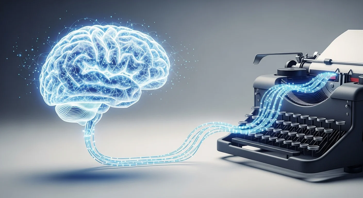 Ilustración de un cerebro de inteligencia artificial brillante conectado a un teclado antiguo, simbolizando la unión de la tecnología moderna y la escritura tradicional para crear textos.