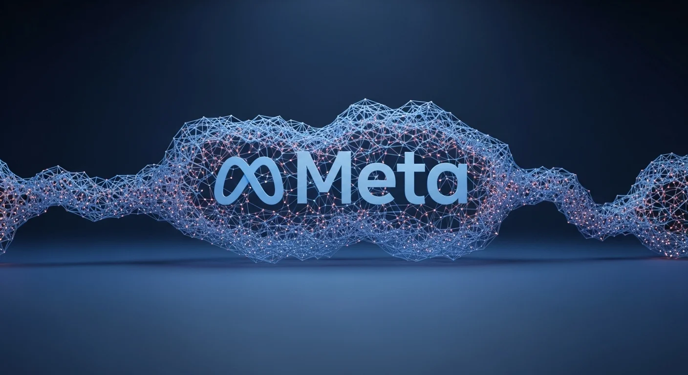 Banner conceptual sobre la Inteligencia Artificial de Facebook, mostrando redes neuronales y el logo de Meta.
