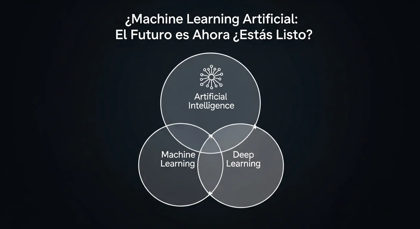 Un diagrama de Venn que ilustra la relación jerárquica entre inteligencia artificial, machine learning y deep learning, mostrando cómo son subconjuntos entre sí.