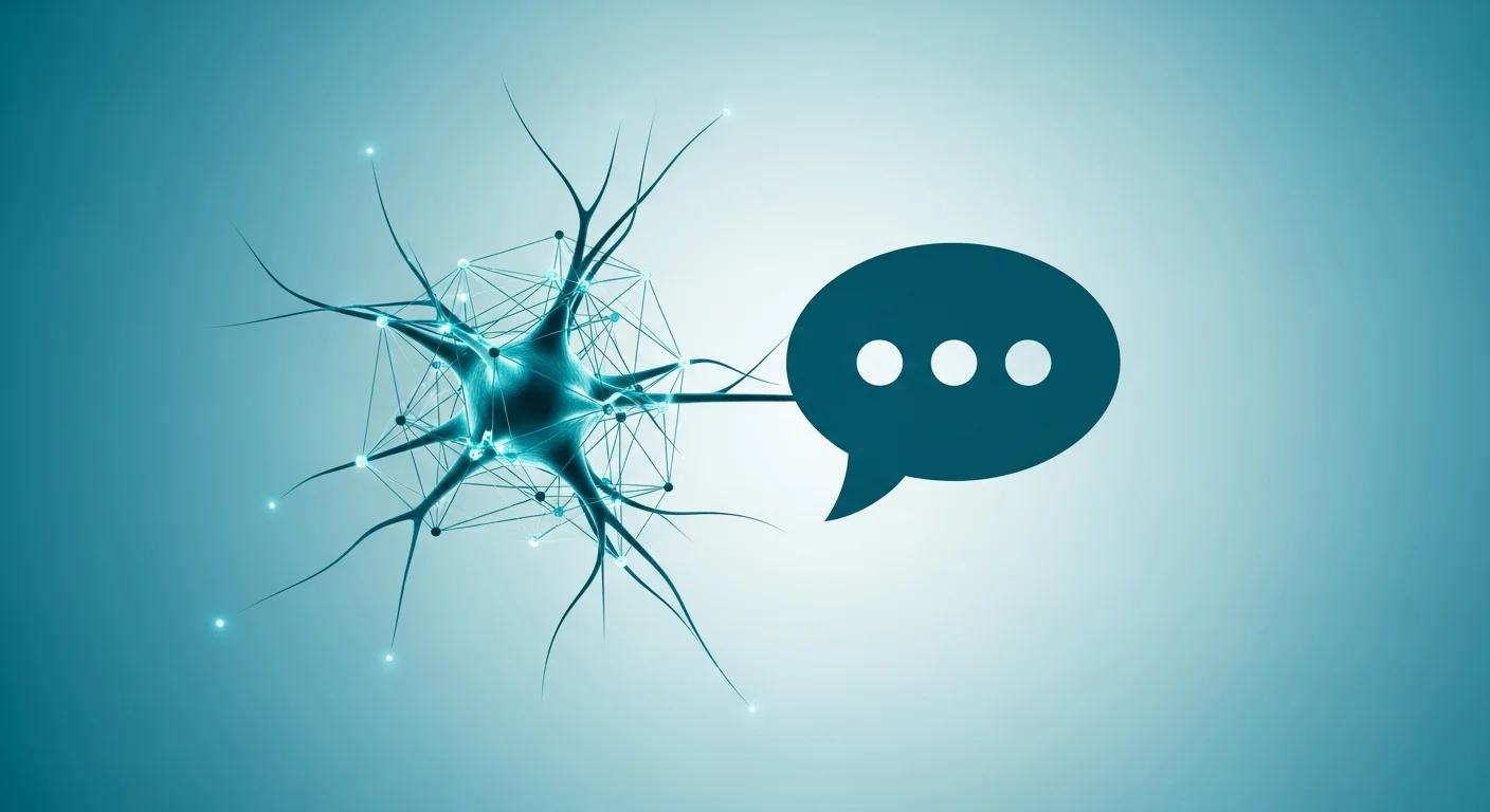 Una visualización abstracta de una red neuronal brillante conectada a un icono de burbuja de chat, simbolizando la revolución del inteligencia artificial chat.