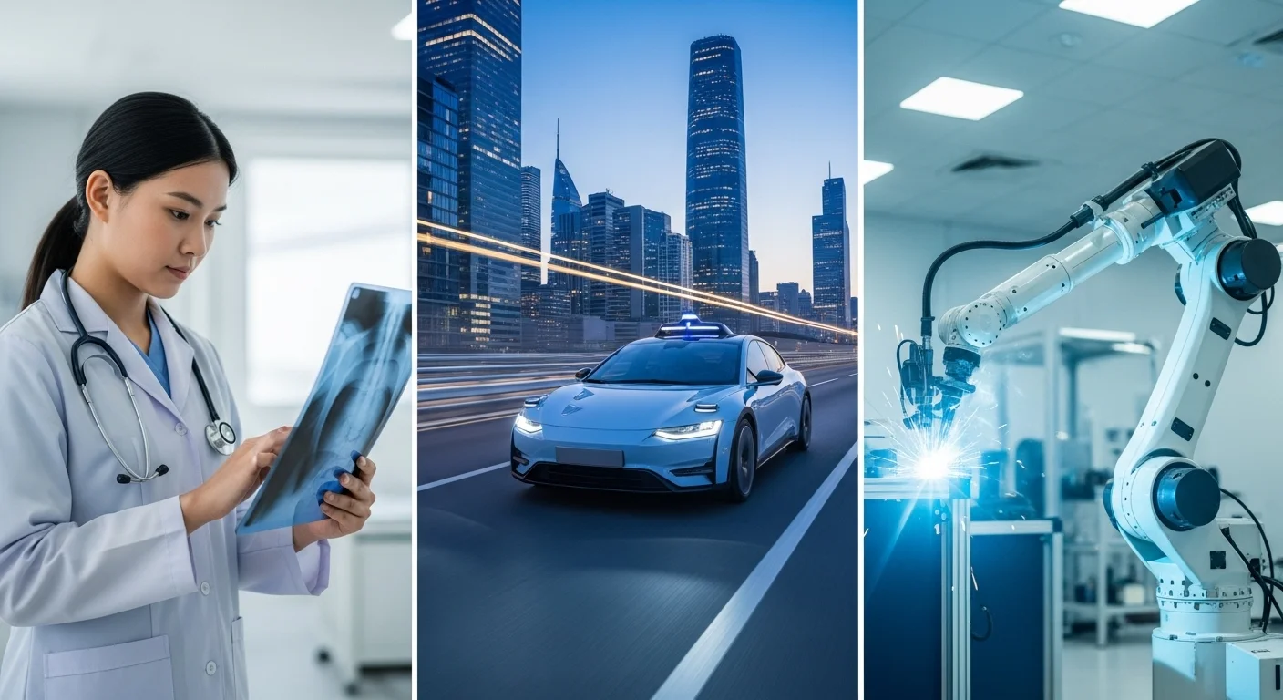 Un collage de imágenes que muestra diversas aplicaciones de la inteligencia artificial tecnologia: un médico analizando una radiografía, un coche autónomo y un robot industrial.
