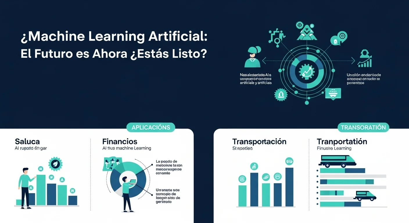 Infografía mostrando diversas aplicaciones de la inteligencia artificial y machine learning en industrias como salud, finanzas y transporte.