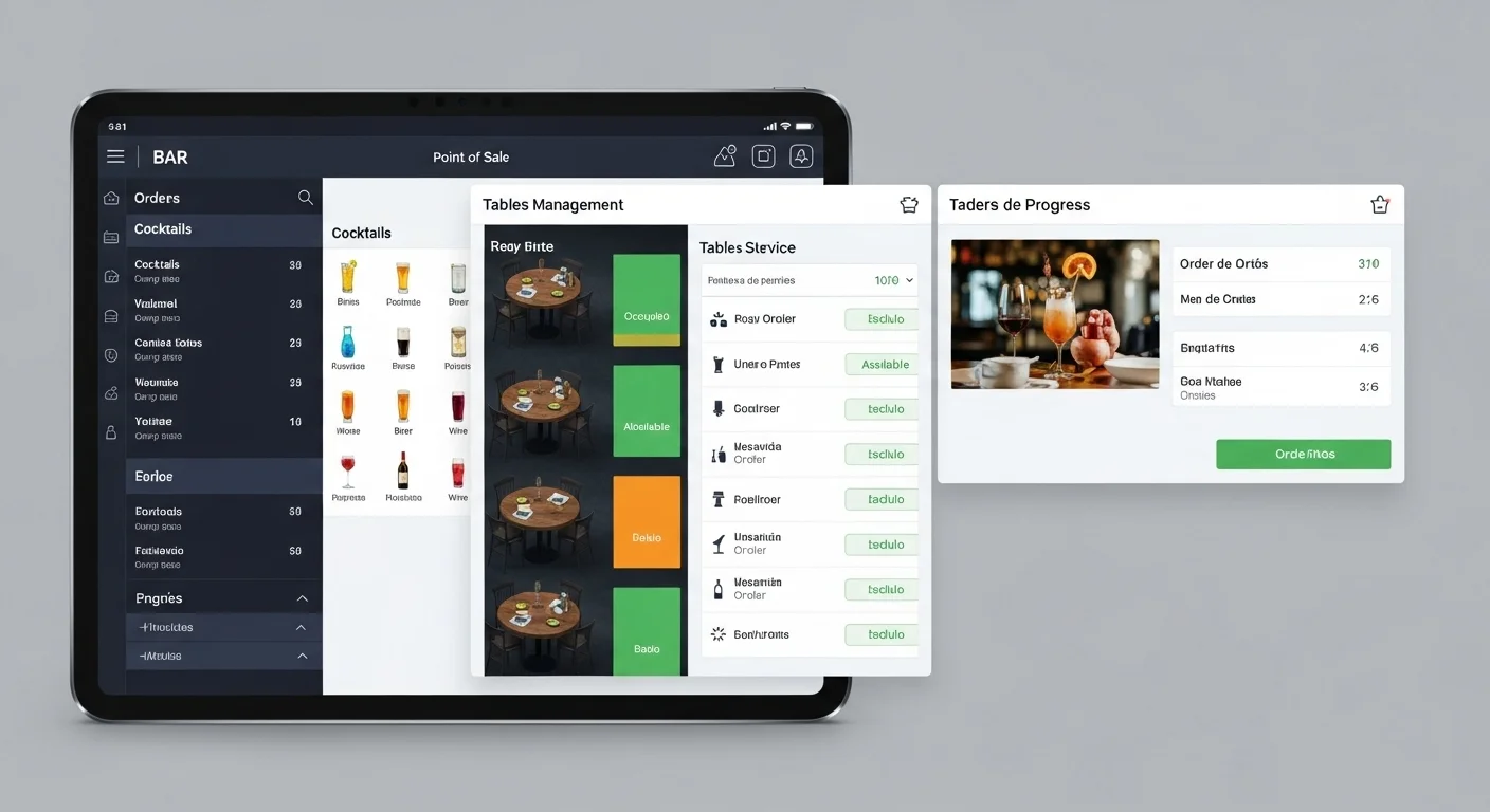 Interfaz de un programa TPV para bar mostrando la gestión de mesas y pedidos en una tablet.