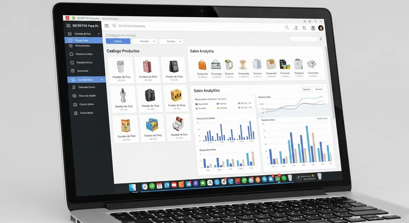 Primer plano de la interfaz de un software punto de venta para pc en un ordenador portátil, detallando el catálogo de productos y análisis de ventas.