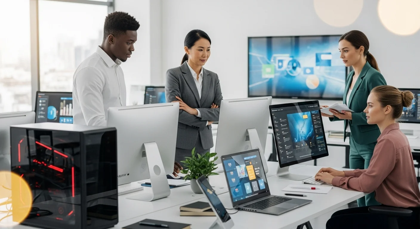 Ejemplo de inversión en computadoras para una oficina moderna, mostrando diversos equipos tecnológicos y a profesionales trabajando.