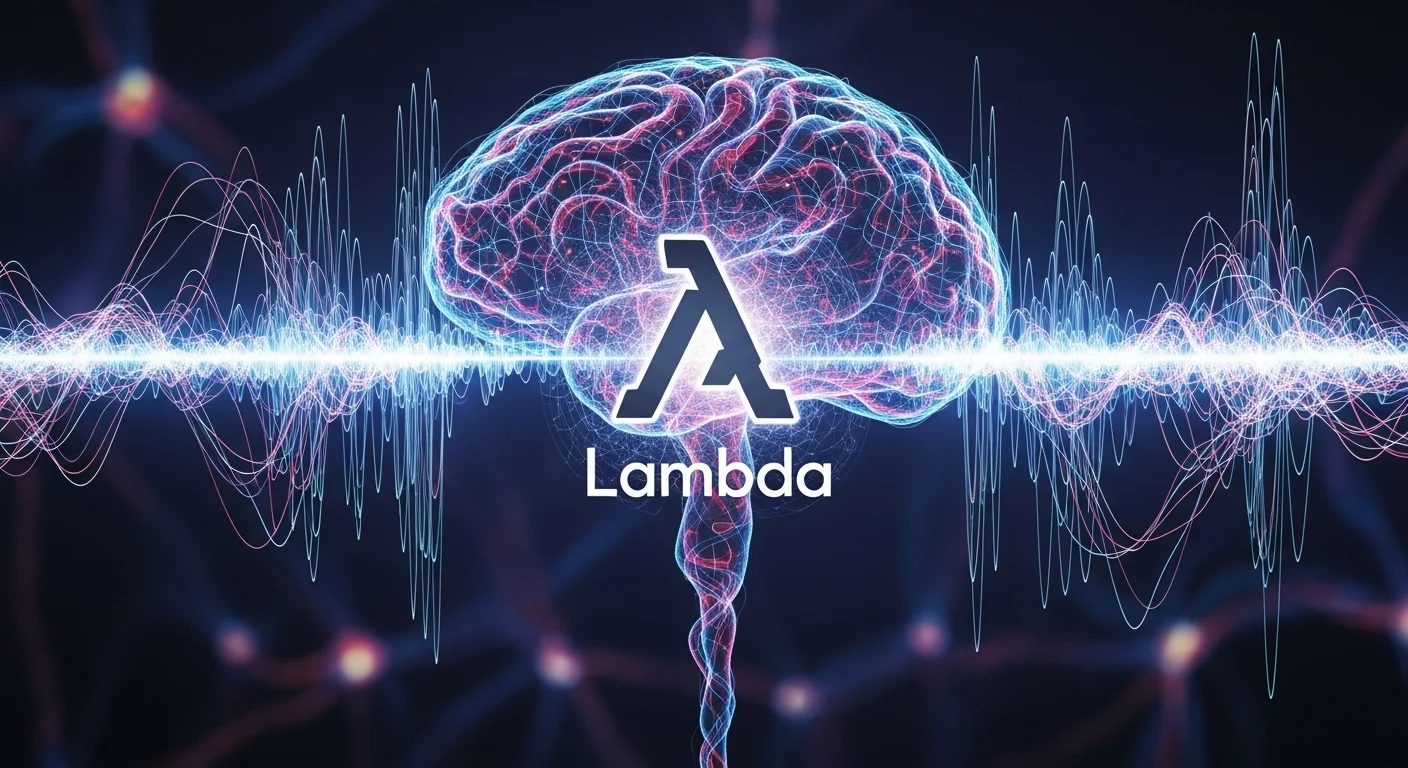Concepto visual de la inteligencia artificial Lambda de Google, con ondas cerebrales digitales y el logo de Lambda en el centro.