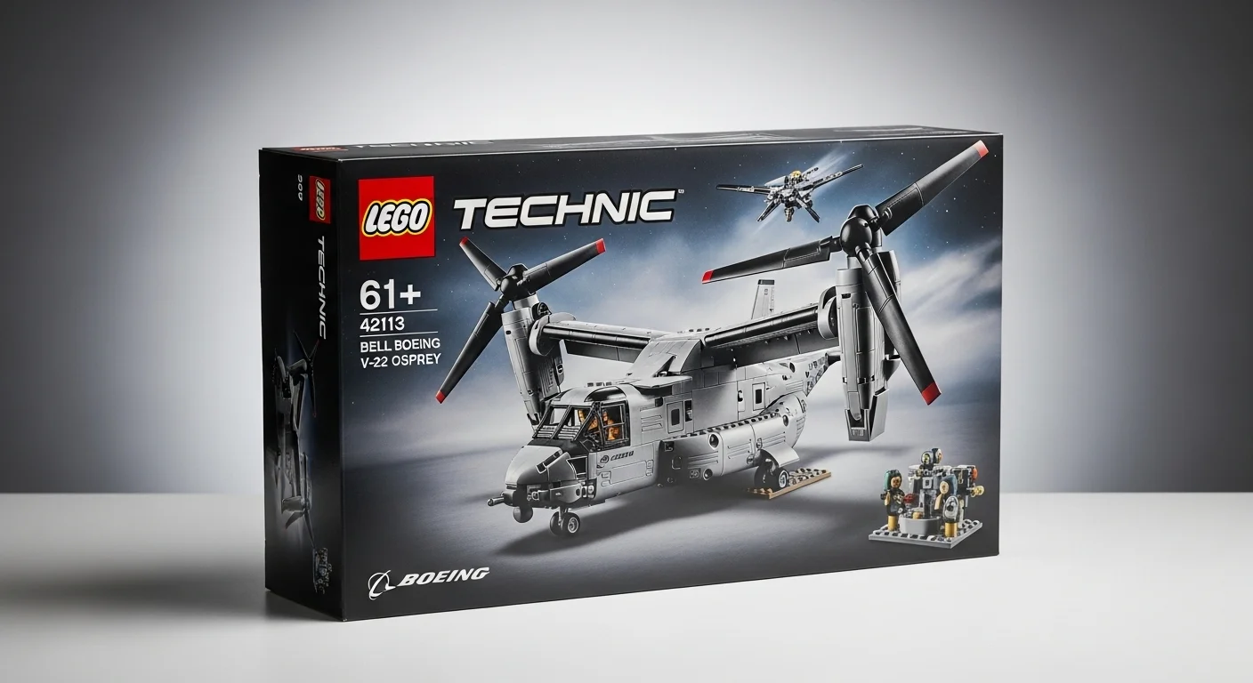 El controvertido y raro set Lego Technic 42113 Bell Boeing V-22 Osprey en su caja, un objeto de alto valor para coleccionistas.