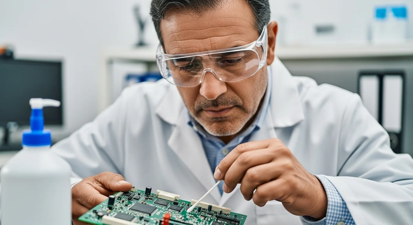 Persona limpiando un circuito electrónico con un hisopo humedecido en alcohol isopropílico, demostrando uno de sus usos específicos.