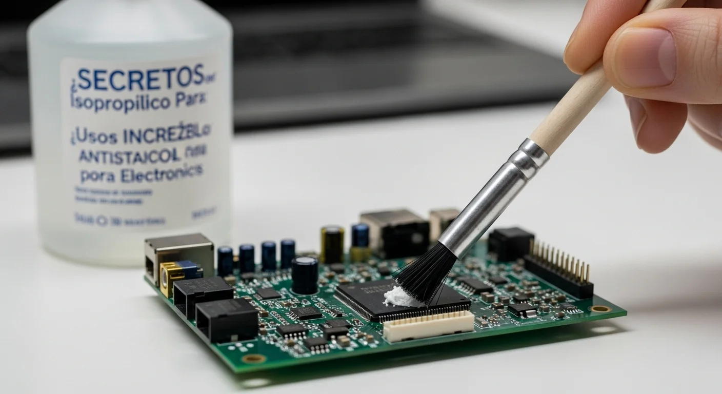 Primer plano de un circuito electrónico siendo limpiado cuidadosamente con alcohol isopropilico para electronica y un cepillo antiestático.