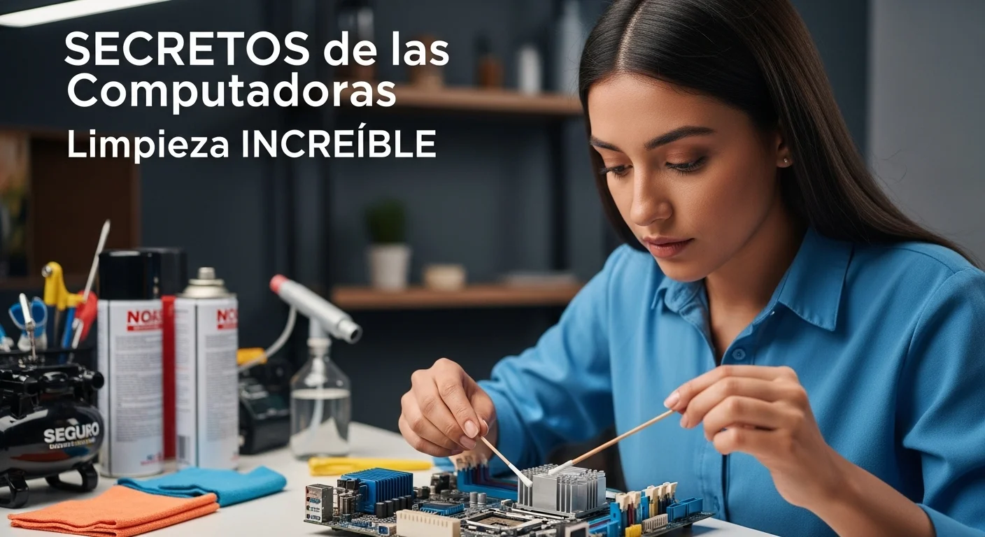Persona limpiando cuidadosamente una placa base de computadora con un hisopo humedecido en alcohol isopropílico. Se observan herramientas de limpieza como aire comprimido y paños de microfibra.