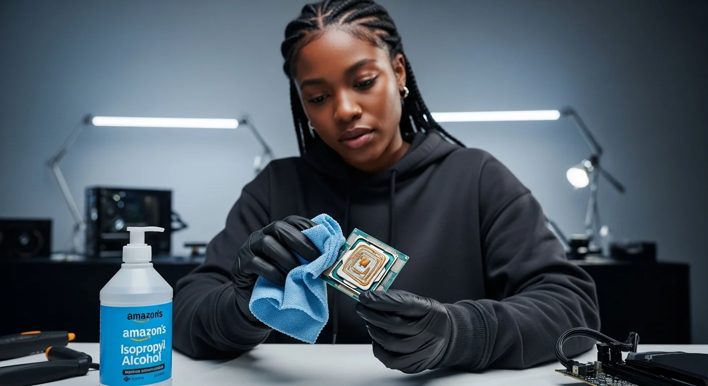 Una persona utilizando un paño de microfibra con alcohol isopropilico de Amazon para limpiar pasta térmica vieja de un procesador de ordenador.