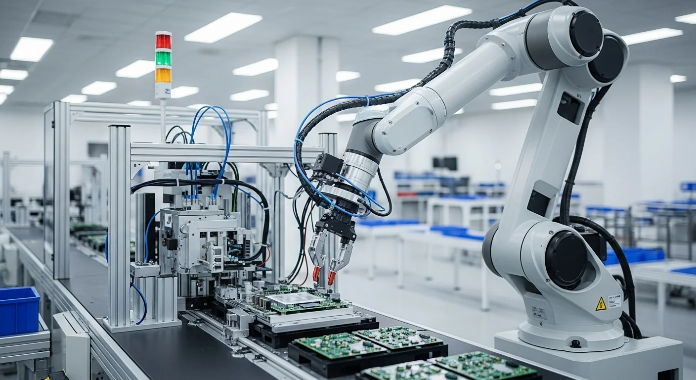 Brazo robótico de alta precisión trabajando en una línea de ensamblaje moderna, representando la ingenieria electronica industrial y automatica.