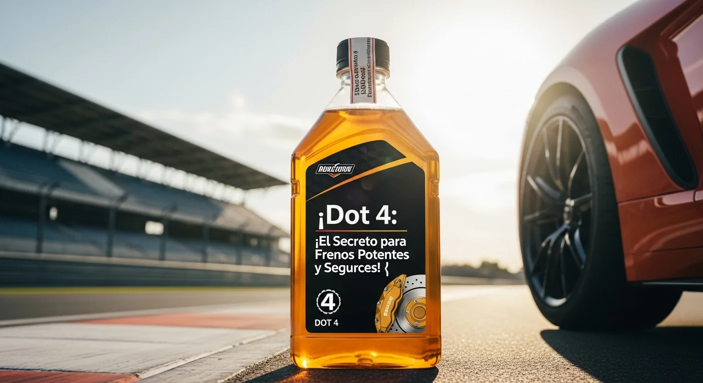 Botella de líquido de frenos Dot 4 de color ámbar claro con tapa sellada, destacando la importancia de usar un producto nuevo para el sistema de frenado del coche.