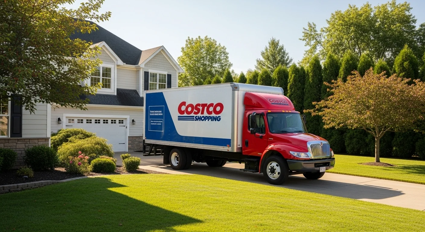 Camión de entrega de Costco estacionado frente a una casa, simbolizando la logística de la compra en linea Costco.