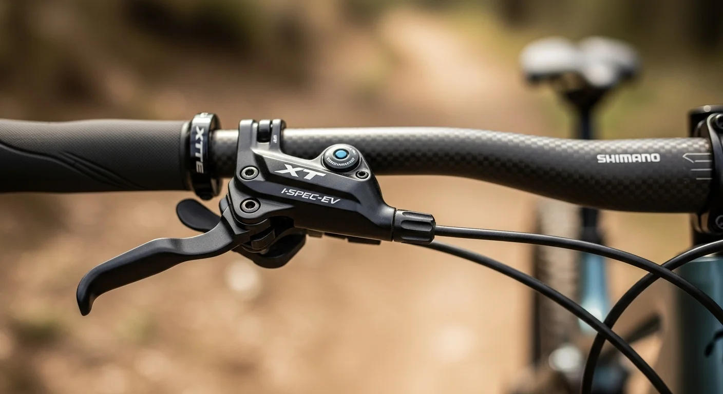Maneta de freno Shimano XT con tecnología I-SPEC EV montada en un manillar de carbono, destacando el ajuste de alcance.