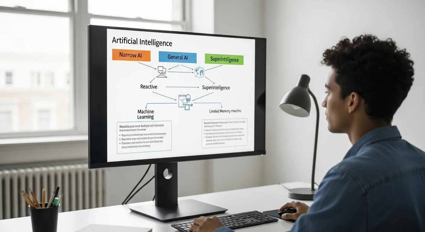 Mapa conceptual que ilustra los diferentes Artificial Tipos, incluyendo la IA estrecha, general y la superinteligencia, así como las máquinas reactivas y de memoria limitada.