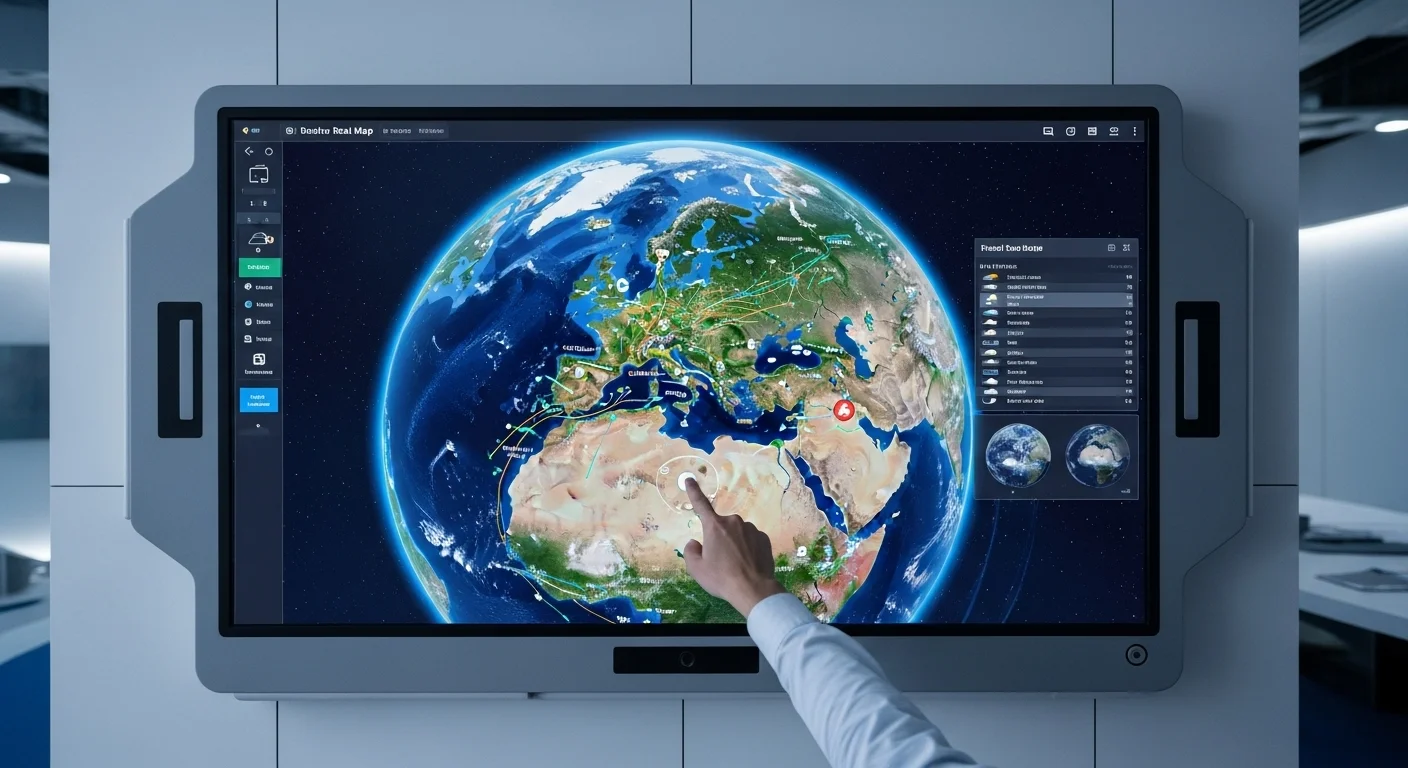 Pantalla mostrando un mapa satelital en tiempo real con superposiciones de datos de tráfico y clima, un ejemplo de mapa real interactivo.