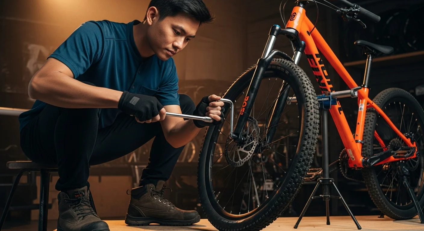 Un mecanico de frenos utilizando una llave Allen para ajustar la pinza de un freno disco mecanico en un taller de bicicletas bien iluminado.