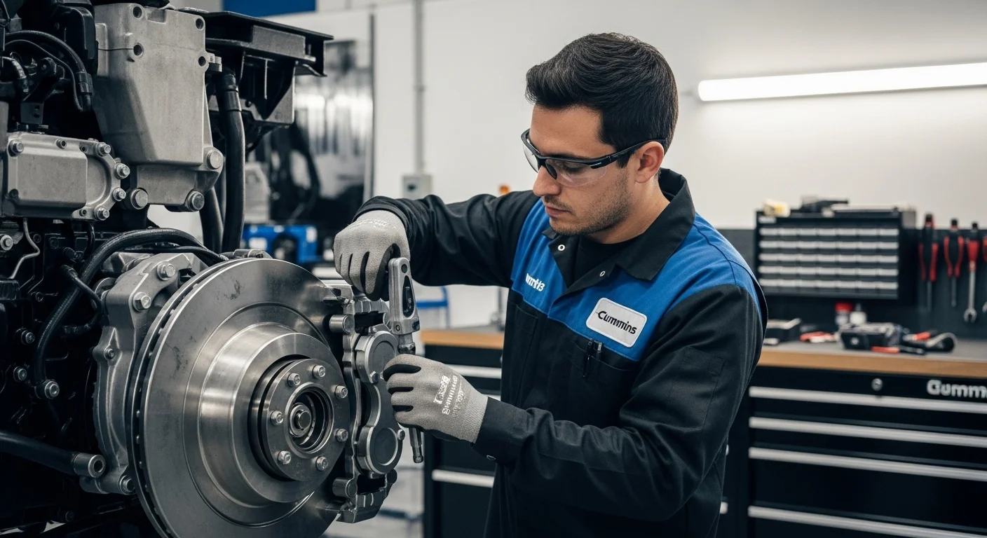 Mecánico especializado realizando el mantenimiento y ajuste de un sistema de freno de motor Cummins en un taller.