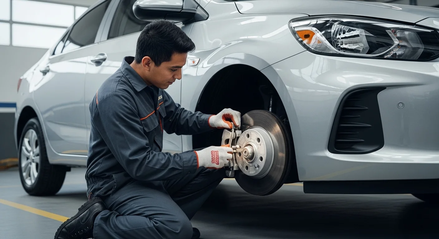 Un mecánico profesional instalando cuidadosamente balatas delanteras en el caliper de un Chevrolet Aveo 2020 en un taller.