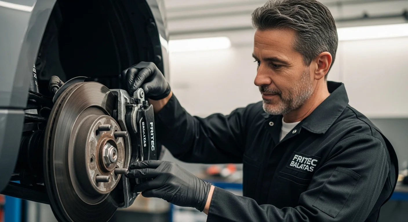 Un mecánico profesional con guantes instalando un nuevo juego de Fritec Balatas en el cáliper de un sistema de frenos de disco de un coche.