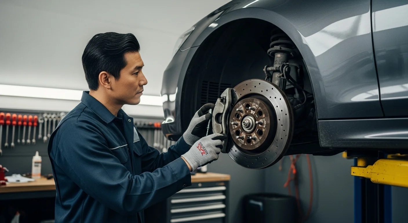 Un mecánico experto inspeccionando el caliper y el disco de freno de un automóvil en un elevador de taller.