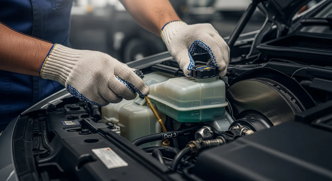 Un mecánico con guantes abriendo el depósito de líquido de frenos de un coche para inspeccionar el nivel y la calidad del fluido Dot 3.