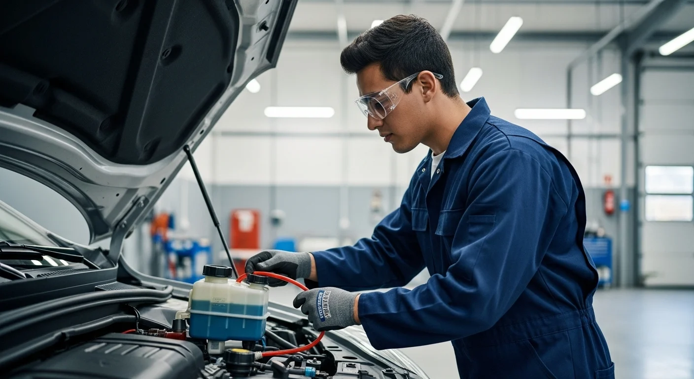 Mecánico profesional abriendo el capó de un coche para revisar el nivel y la calidad del aceite de frenos en el depósito del sistema.