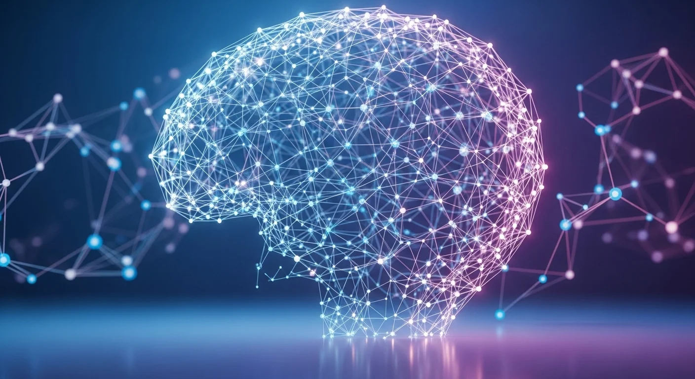 Representación abstracta de una mente artificial con conexiones neuronales brillantes y nodos de datos interconectados.