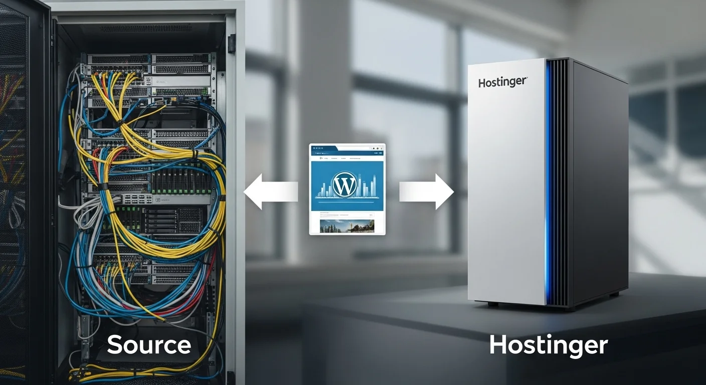 Imagen que ilustra el proceso de migración de un sitio WordPress de un servidor a otro, con flechas indicando el flujo de datos hacia un entorno de Hostinger WordPress.