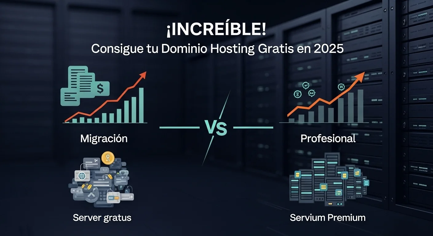 Un gráfico que ilustra el proceso de migración de un servidor gratuito con limitaciones a un servidor de pago, robusto y profesional, mostrando crecimiento y escalabilidad.