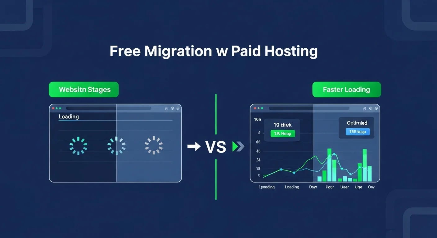 Gráfico que muestra el proceso de migración de un sitio web desde un servidor de free hosting a un servidor de pago, destacando la mejora en rendimiento.
