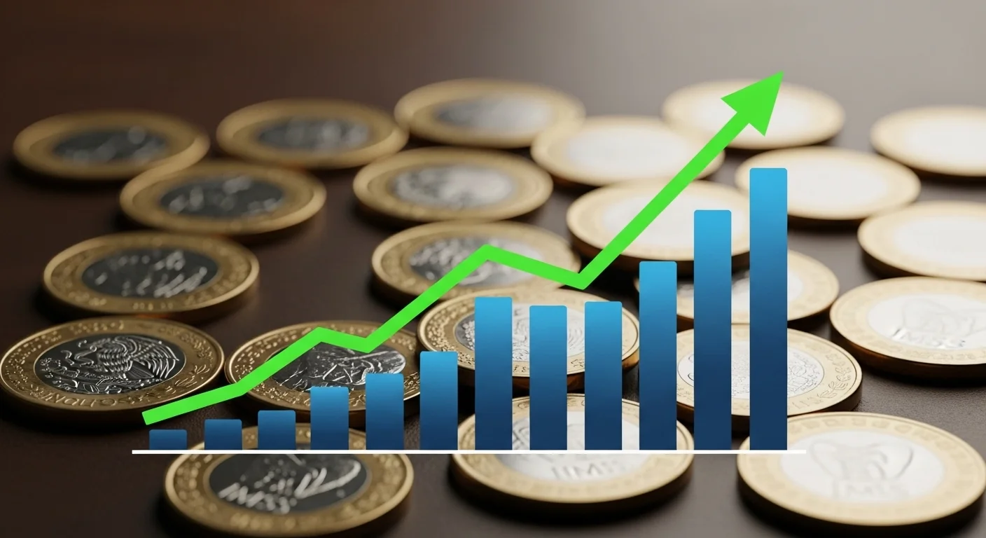 Gr谩fico ascendente superpuesto sobre una imagen de monedas mexicanas, simbolizando la inversi贸n y el crecimiento de la pensi贸n gracias a la Modalidad 40 del IMSS.
